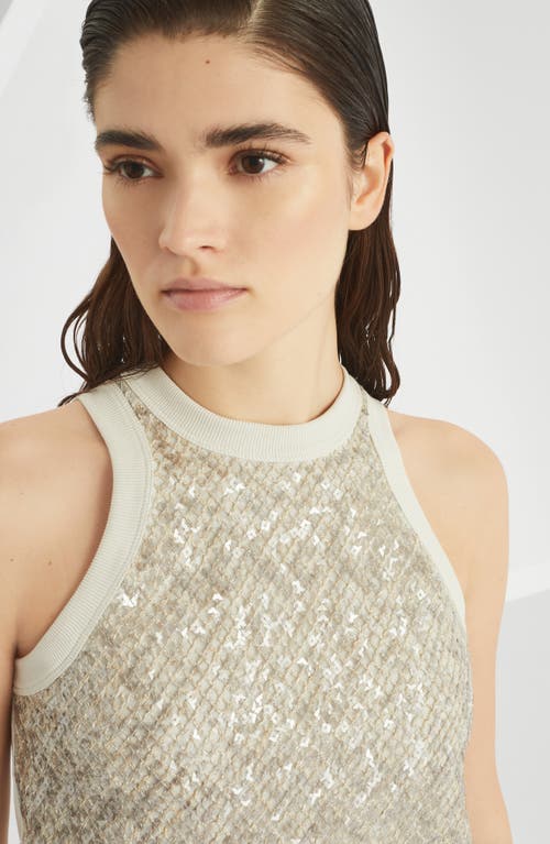 Brunello Cucinelli Stretch Cotton Jersey Top With Dazzling Net Embroidery In Gray