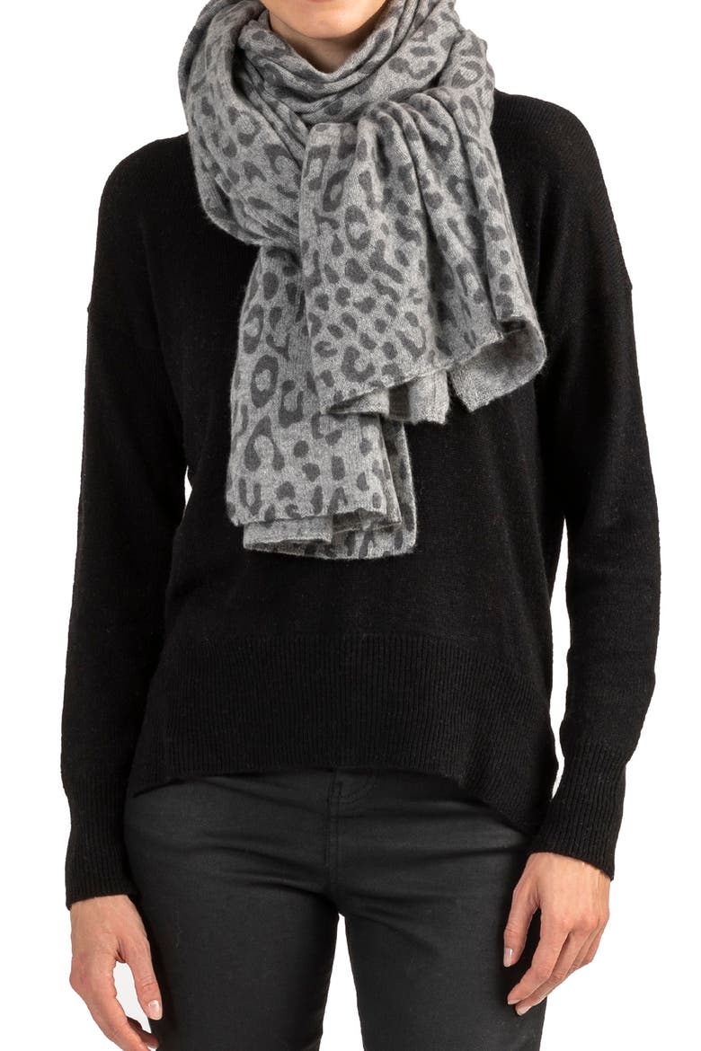 Leopard Print Cashmere Scarf, Main, color, GREY