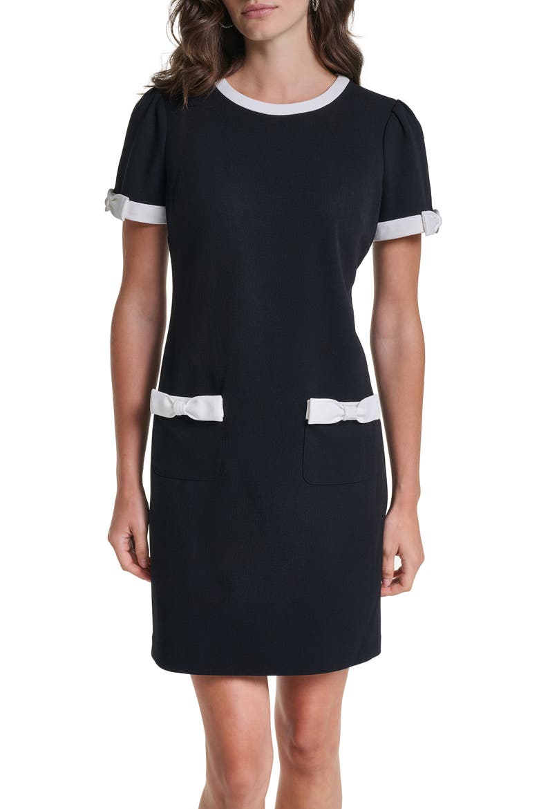 Contrast Bow Detail Scuba Crepe Shift Minidress, Alternate, color, BLACK/ SOFT WHITE