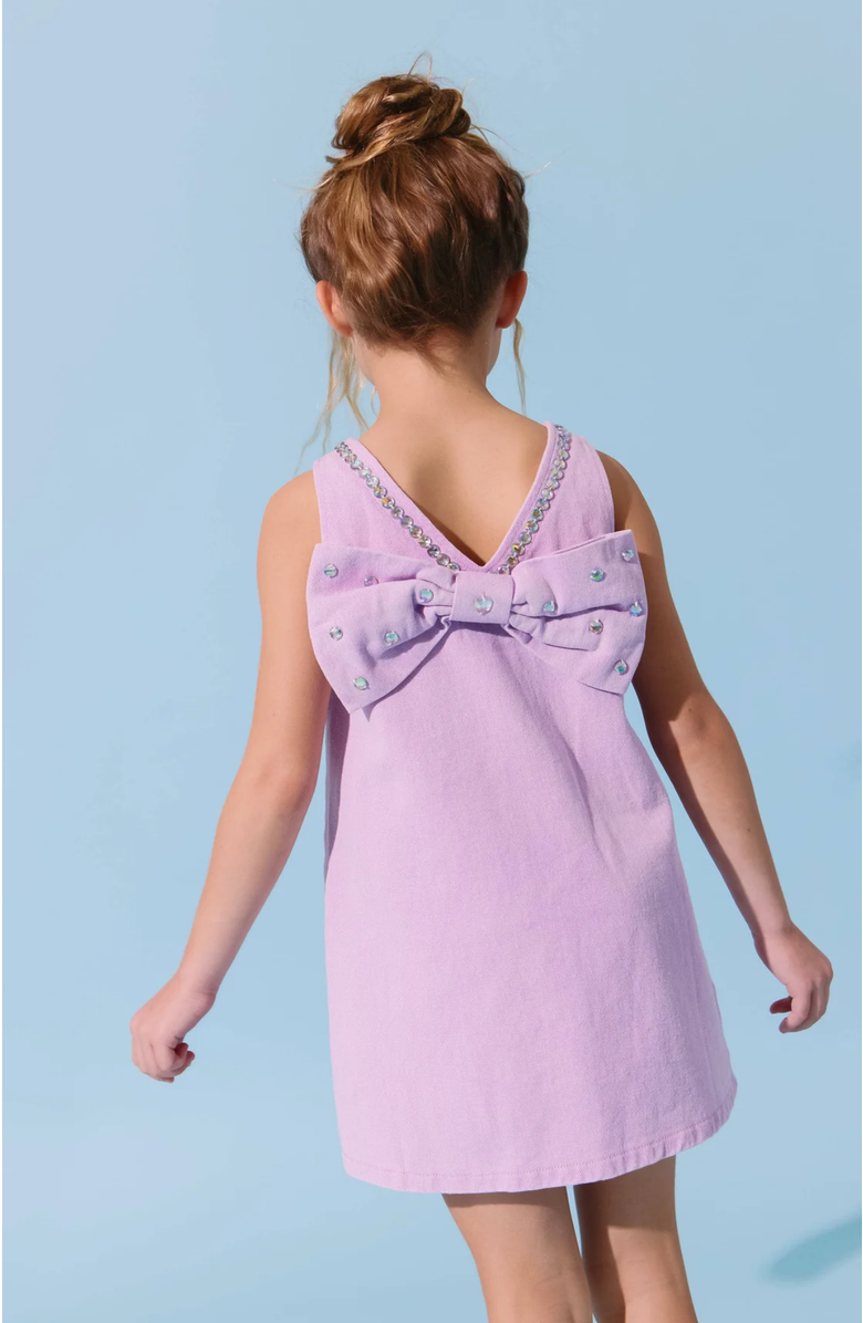 Lola + The Boys Crystal Heart Denim Bow Dress, Alternate, color, Purple