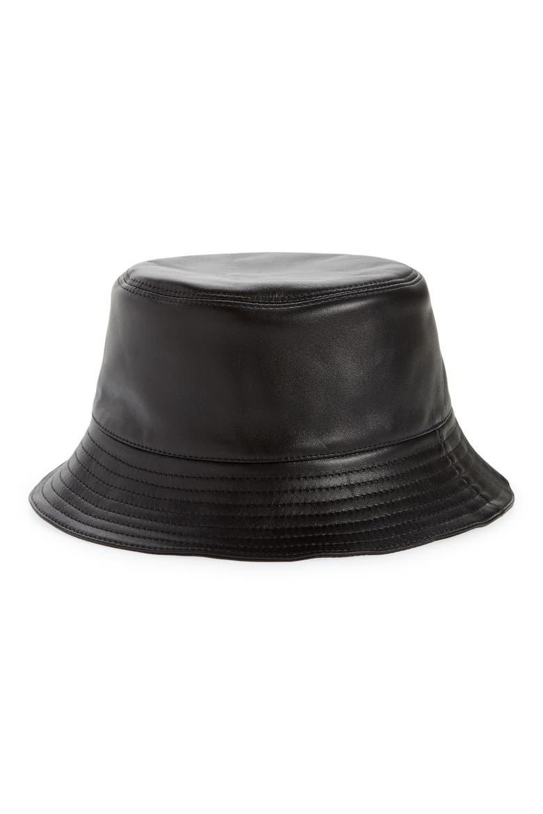 Logo Zip Leather Bucket Hat, Main, color, BLACK