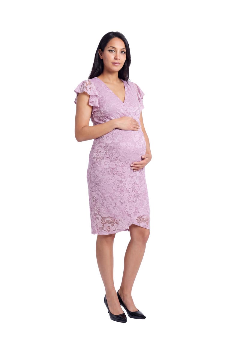 Maternity Elevate Lace V-Neck Flutter Sleeve Faux Wrap Midi Dress, Alternate, color, Lilac