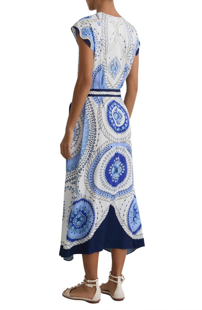 Reiss Heidi Scarf Print Belted Midi Dress, Alternate, color, Ivory/ Blue