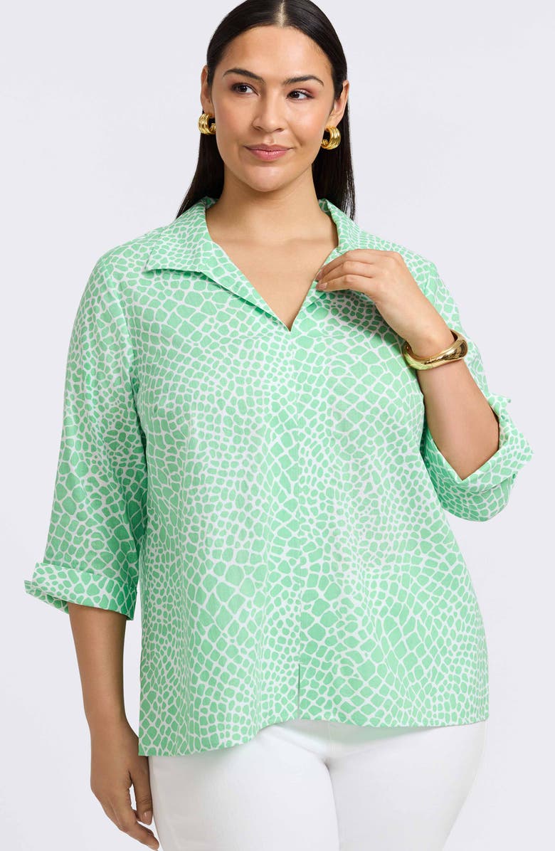Foxcroft Agnes Print Three-Quarter Sleeve Linen Blend Popover Top, Alternate, color, New Leaf/ White