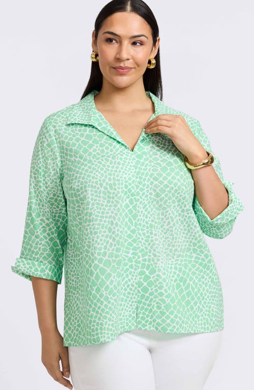 Foxcroft Agnes Print Three-quarter Sleeve Linen Blend Popover Top In New Leaf/white