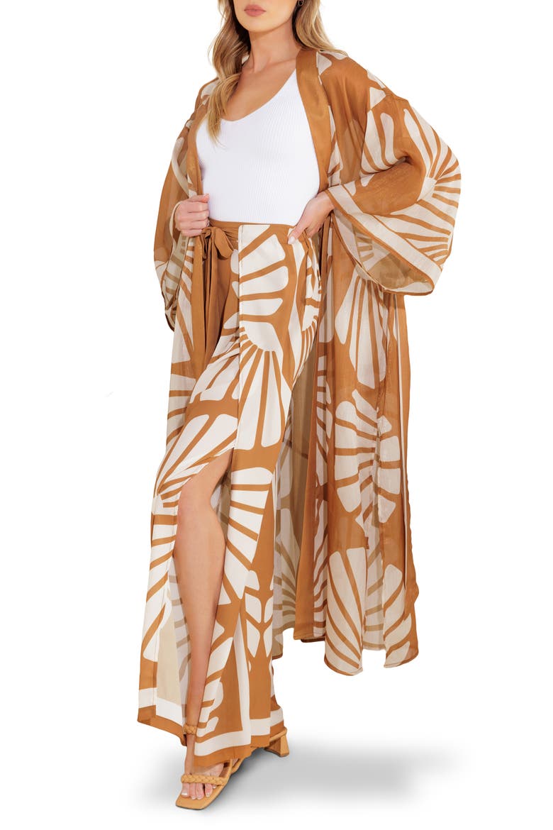 Printed Kimono & Wide Leg Pants Set, Alternate, color, BROWN/ IVORY