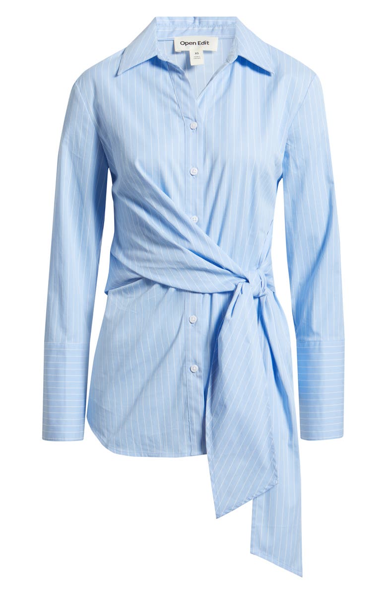 Open Edit Pinstripe Button-Up Tie Waist Poplin Top, Alternate, color, Blue- Ivory Vertical Pin