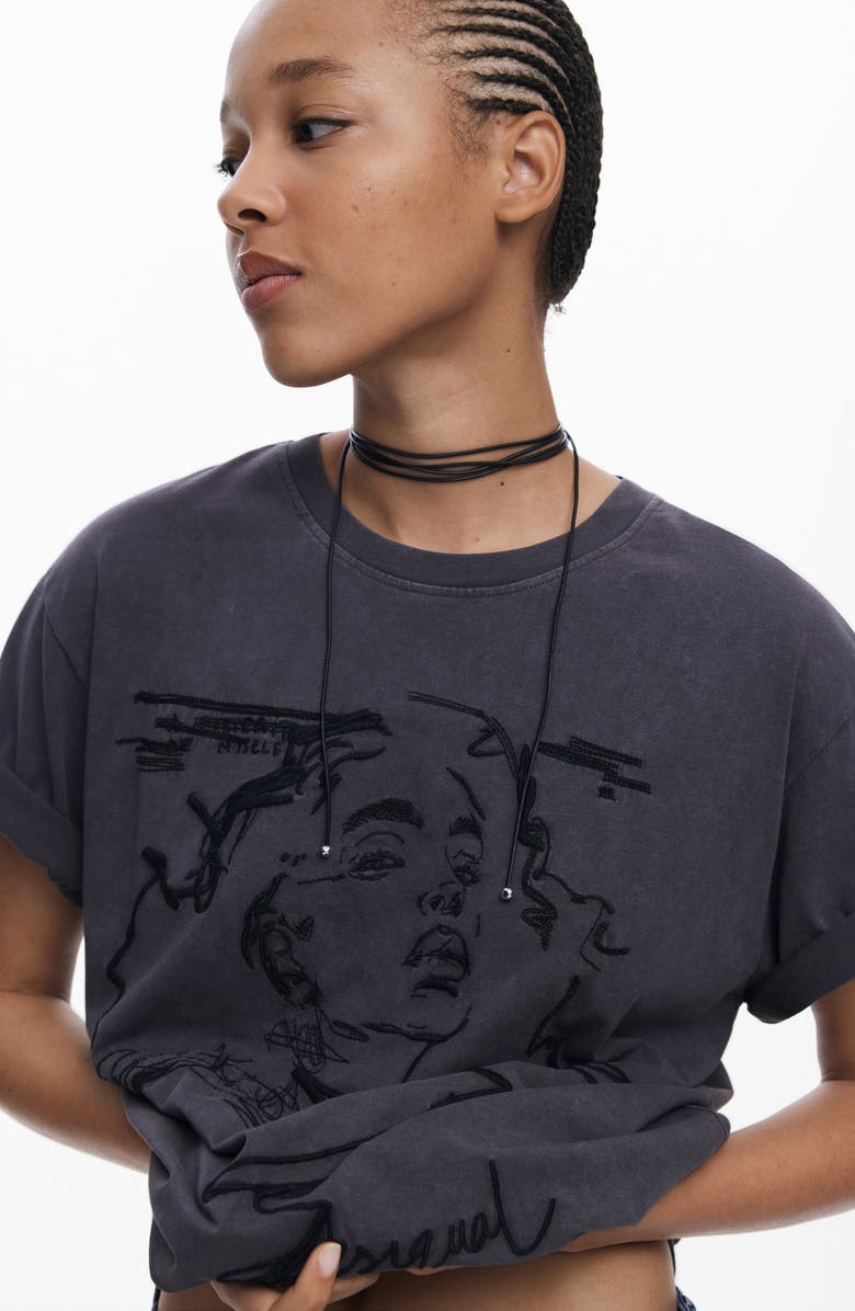 Desigual Embroidered Face Cotton T-Shirt, Alternate, color, Gray