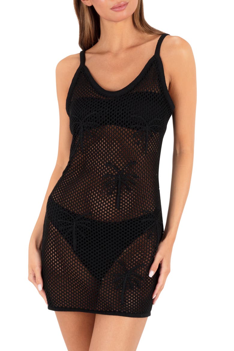 Embroidered Open Stitch Cover-Up Sundress, Main, color, BLACK