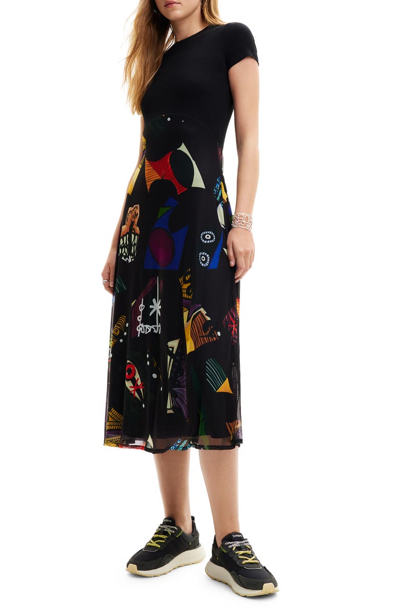 Desigual M. Christian Lacroix Combination Midi Dress, Main, color, Black