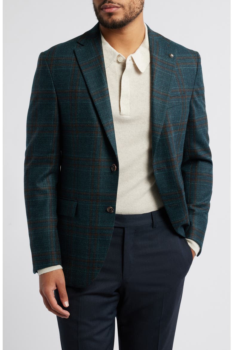 Midland Contemporary Fit Dark Teal Plaid Slub Wool Sport Coat, Main, color, BLUE