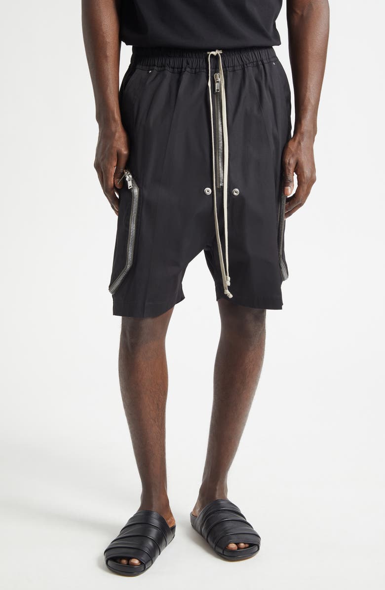 Rick Owens Heizer Bela Stretch Poplin Zip Shorts, Main, color, Black