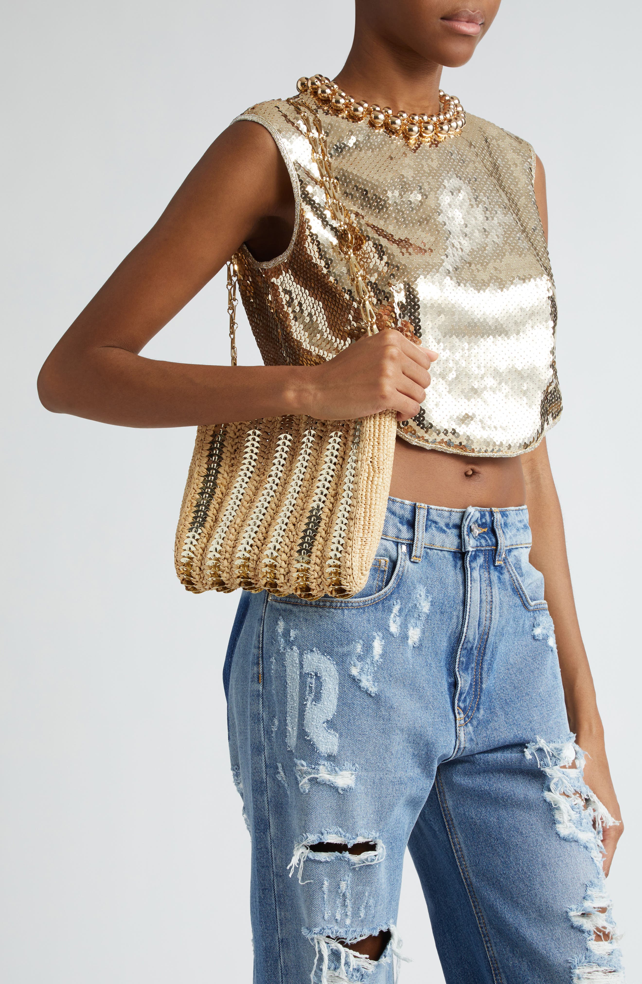 Rabanne 1969 Raffia Shoulder Bag, Alternate, color, 