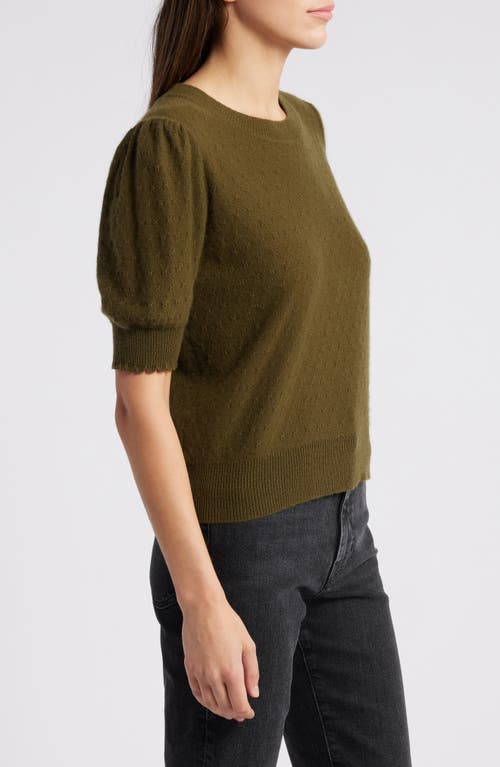 Frame Puff Sleeve Pointelle Cashmere Sweater In Military Green