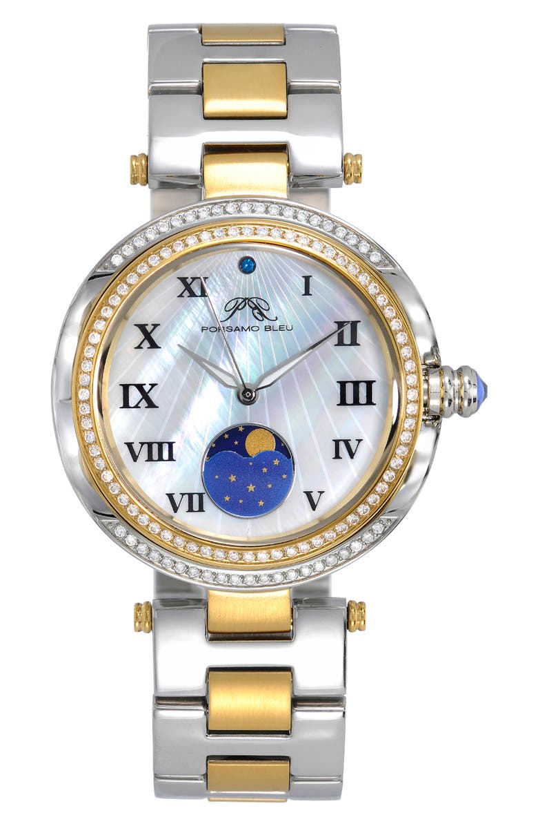 PORSAMO BLEU South Sea Crystal Moon Phase Stainless Steel Bracelet Watch, 40mm, Main, color,