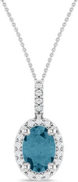 ALLUREZ Oval Lab Aquamarine & Diamond Halo Pendant Necklace 14K