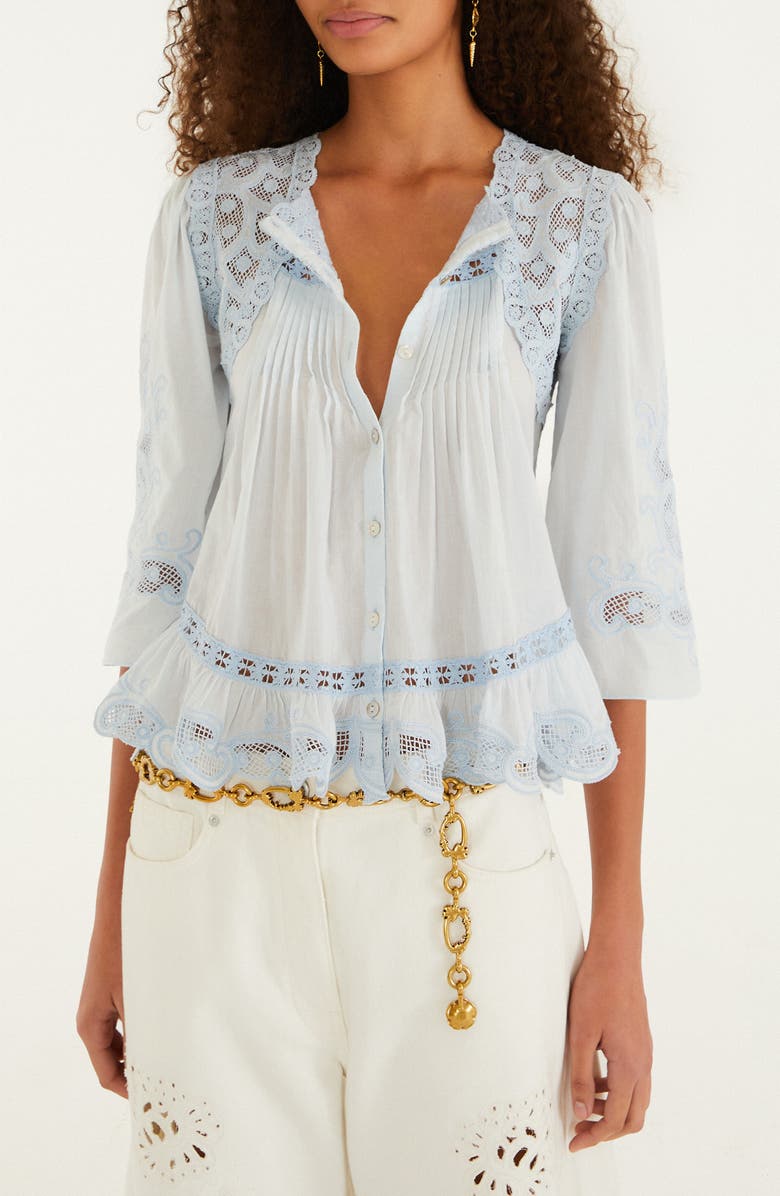 FARM Rio Richilieu Lace Panel Cotton Blouse, Main, color, Blue