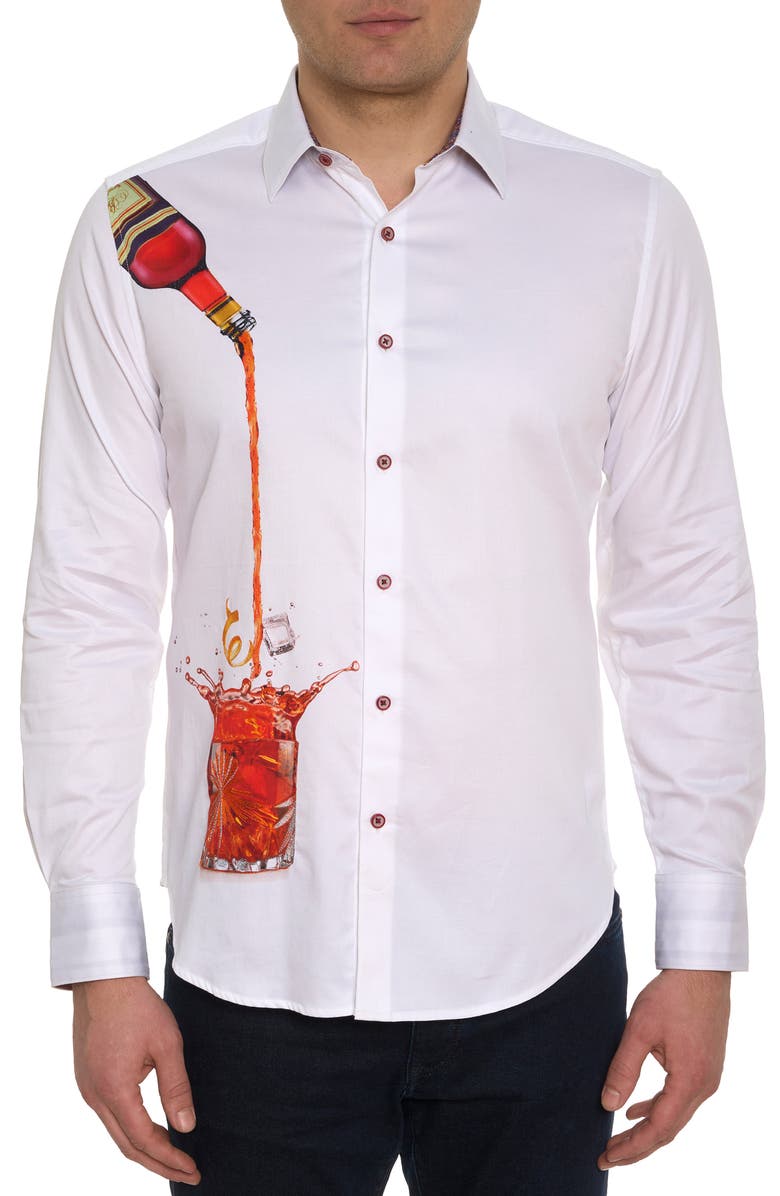 Robert Graham Bevande Embroidered Drink Print Stretch Cotton Button-Up Shirt, Main, color, 