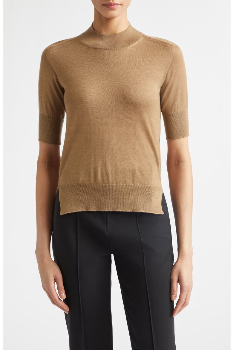Fine Knit Short Sleeve Cashmere, Virgin Wool & Silk Sweater, Main, color, SAND