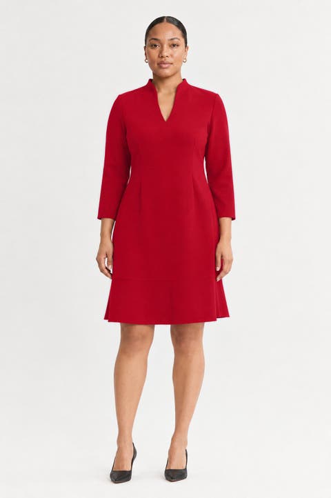 Stretch Deco Crepe Funnel Neck Midi Dress