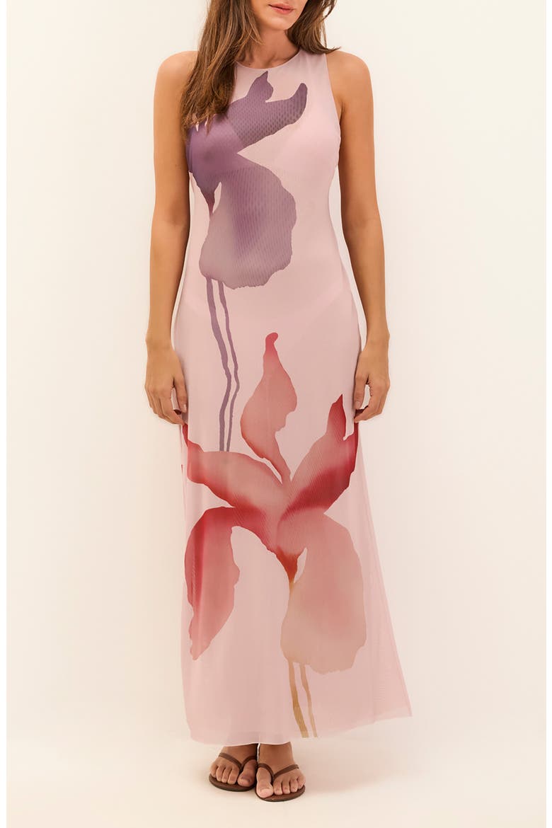 Twist Floral Print Mesh Cover-Up Maxi Dress, Main, color, MULTI