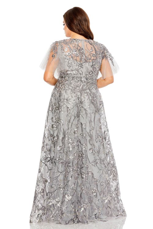 Mac Duggal High Neck Flutter Sleeve Embellished A-line Gown In Platinum