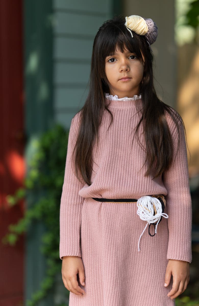 Manière Kids' Poplin Collar Long Sleeve Knit Dress, Alternate, color, 