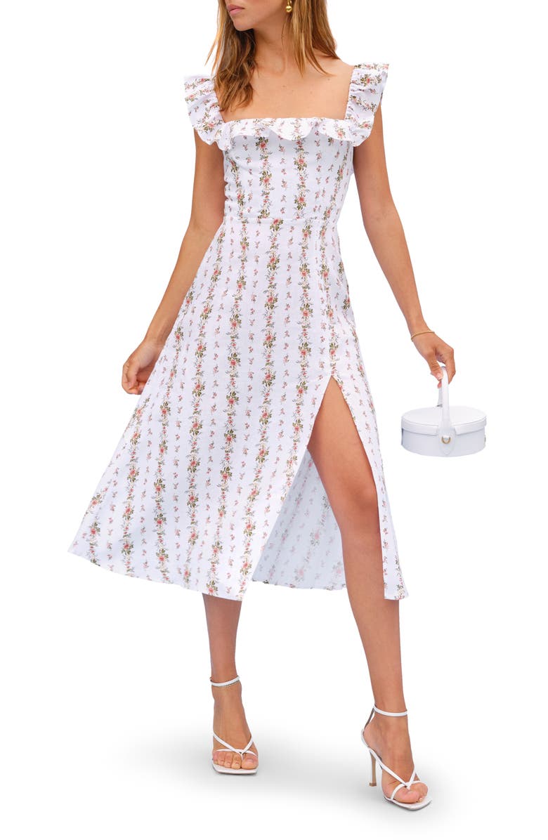 Reformation Amethyst Floral Ruffle Neck Linen Midi Dress, Main, color,