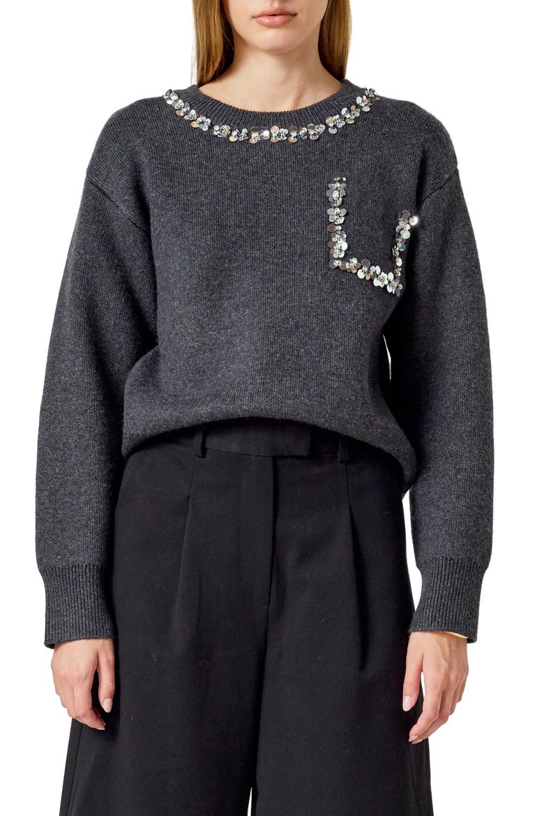 Pailette Trim Sweater, Main, color, CHARCOAL