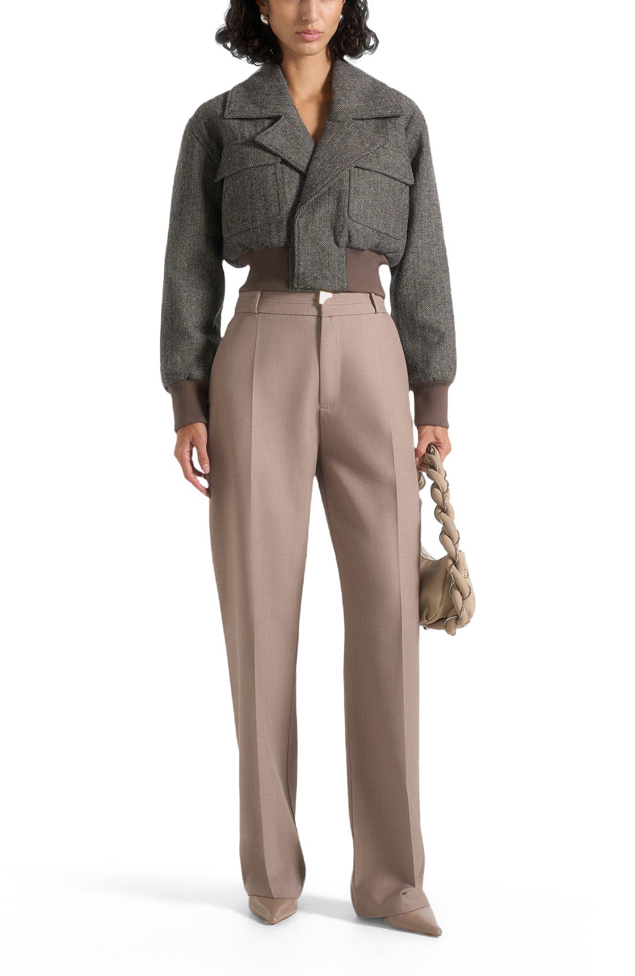 Cosette Herringbone Wool Lapel Bomber Jacket