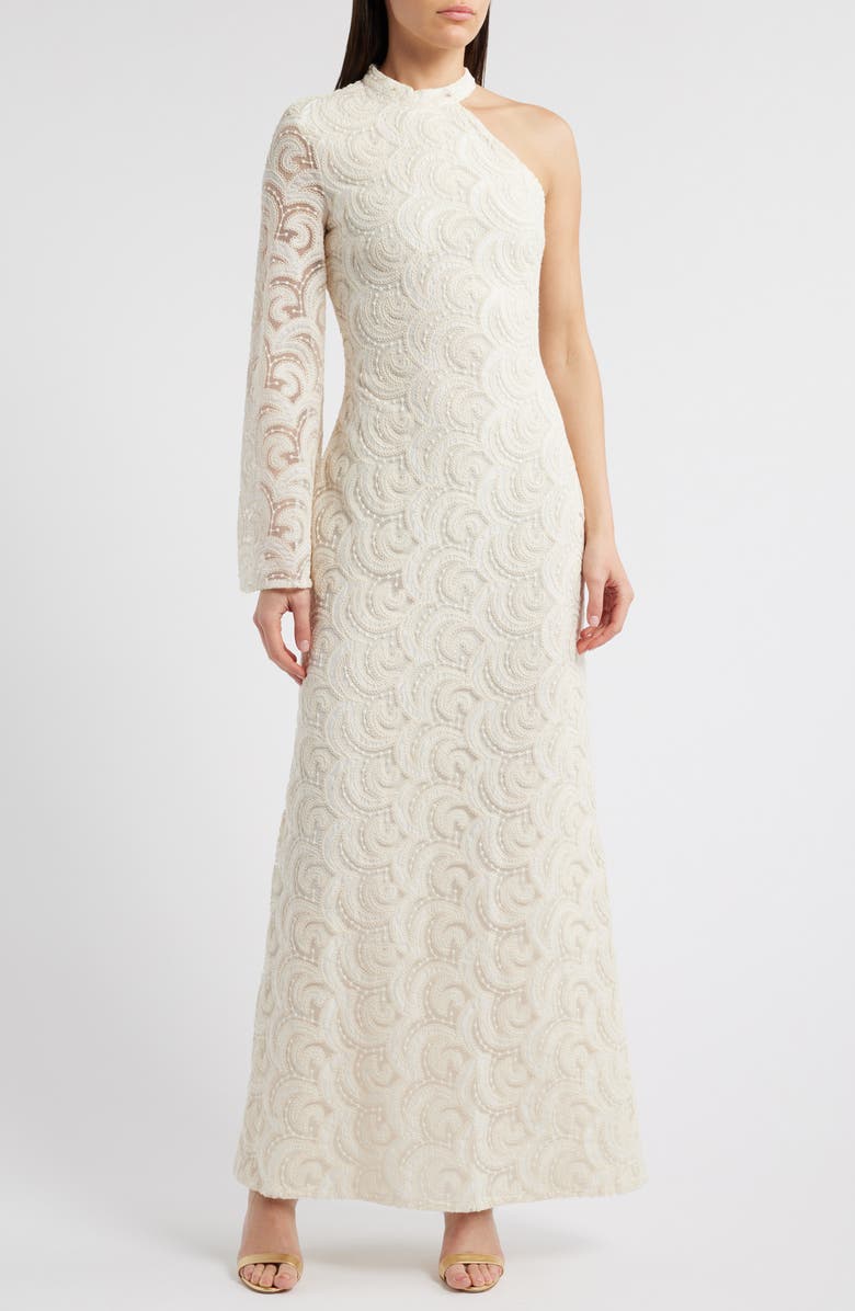 Sonya Moda Salwa One-Shoulder Lace Gown, Main, color, Creme