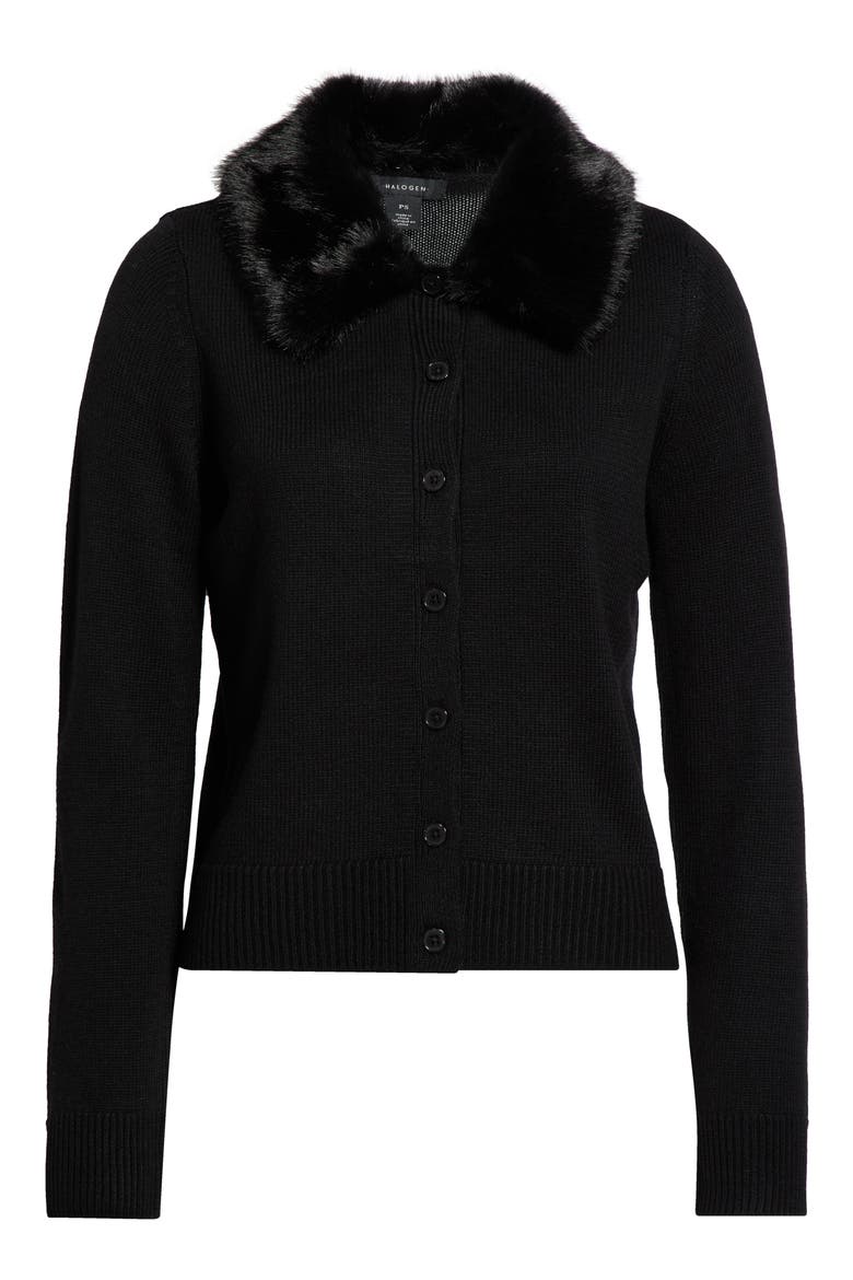 Faux Fur Collar Cardigan, Alternate, color, RICH BLACK