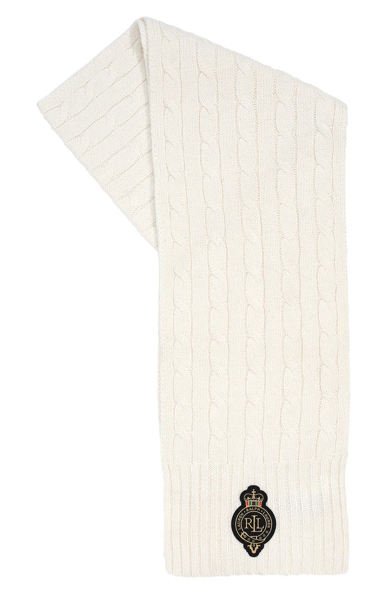 Lauren Ralph Lauren Cable Stitch Crest Patch Scarf, Main, color, Cream