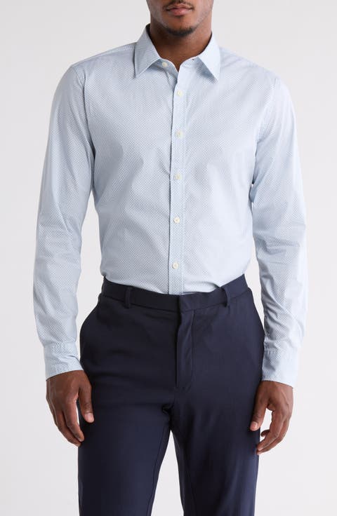 Slim Fit Tiled Geometric Print Stretch Cotton Button-Up Shirt