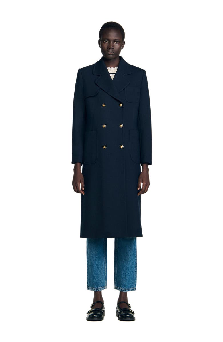 SANDRO Structured long double-breasted coat, Alternate, color, Navy Blue