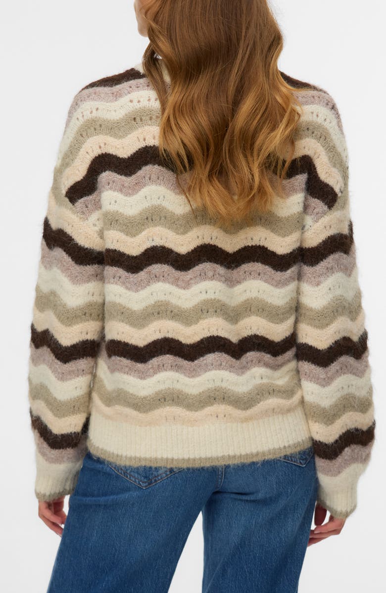VERO MODA Scallop Open Knit Sweater, Alternate, color, Birch Stripes