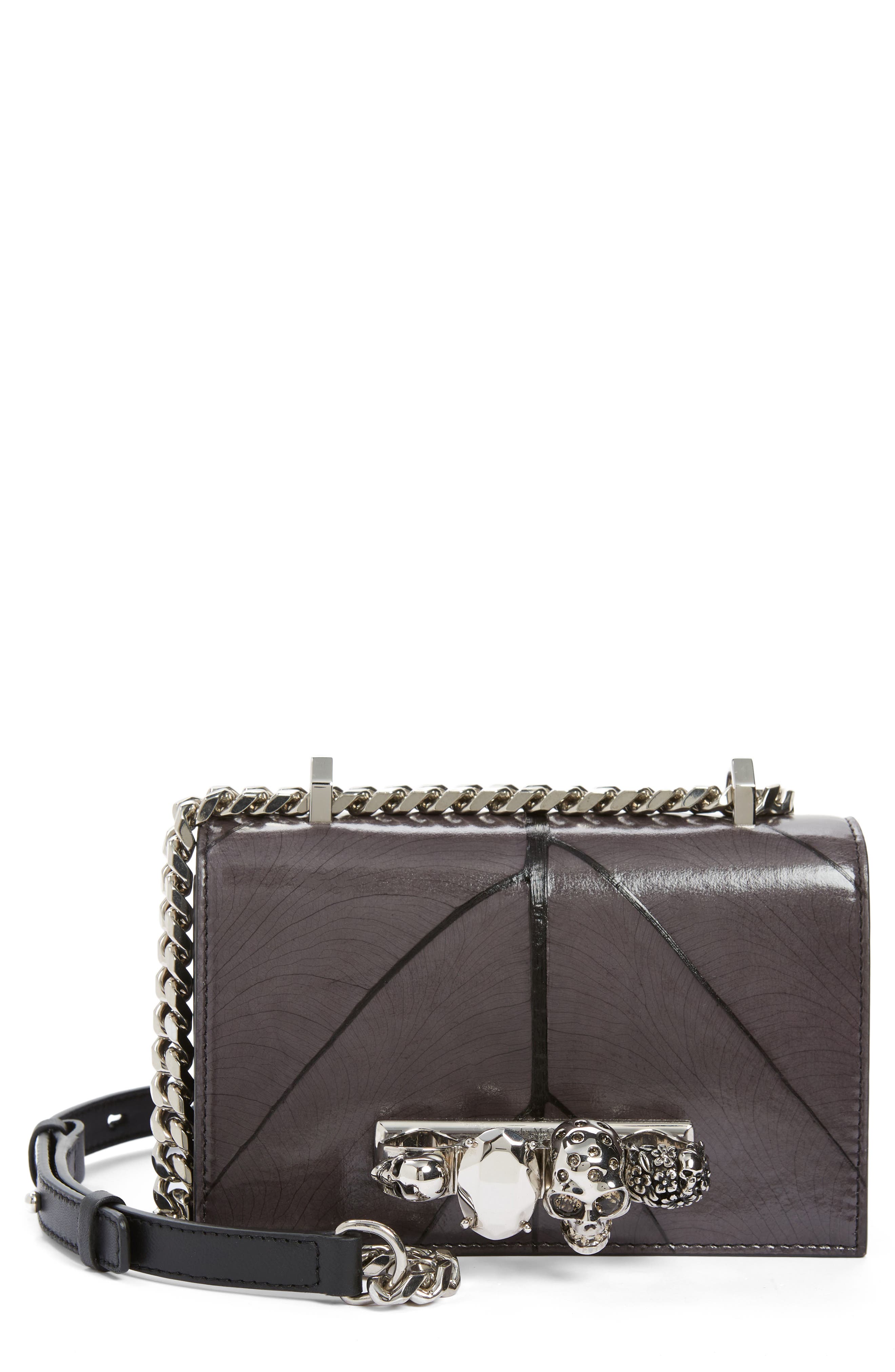 McQueen Mini Jeweled Leaf Embossed Leather Crossbody Bag, Main, color, 