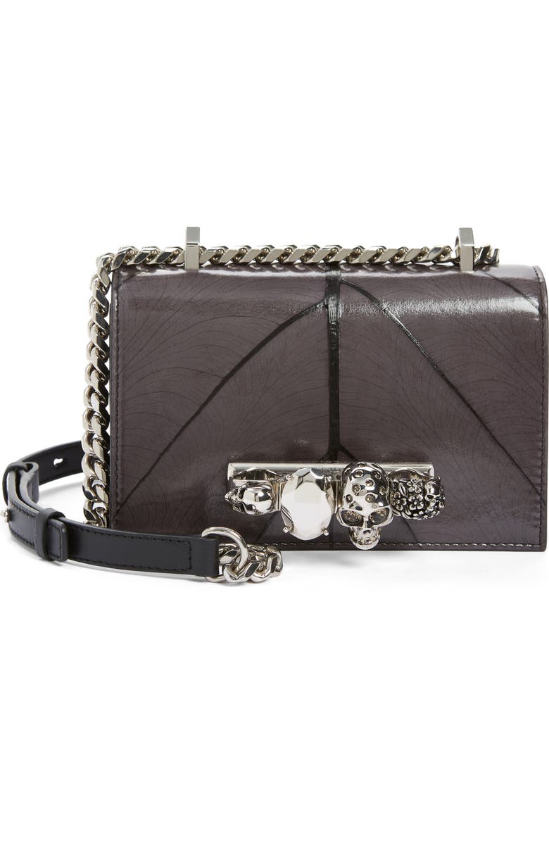 McQueen Mini Jeweled Leaf Embossed Leather Crossbody Bag, Main, color,