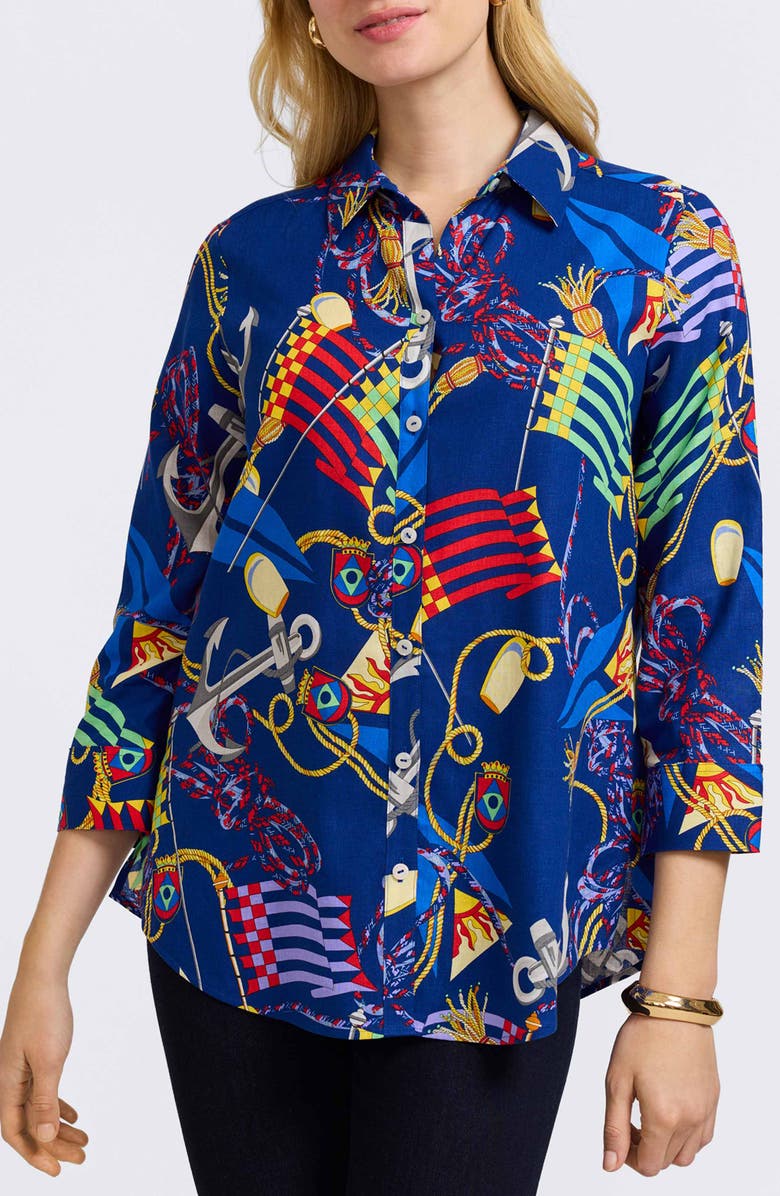 Foxcroft Zoey Nautical Three Quarter Sleeve Linen Blend Button-Up Shirt, Main, color, 