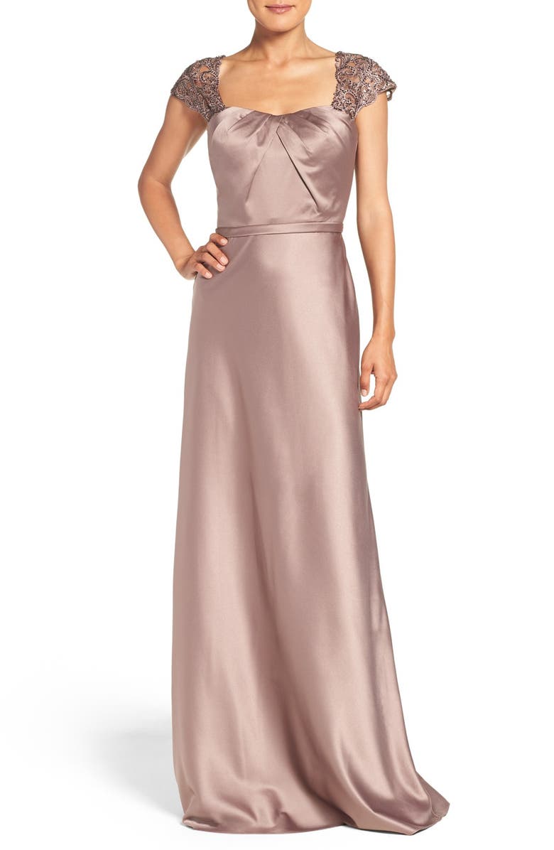 La Femme Embellished Lace & Satin Gown, Main, color,