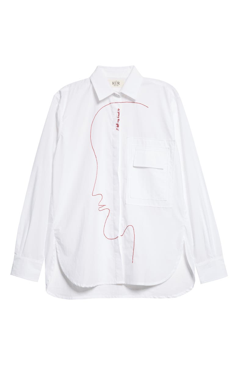 KÚR Hand-Embroidered Face Side Profile Oranbic Cotton Button-Up Shirt, Alternate, color, White