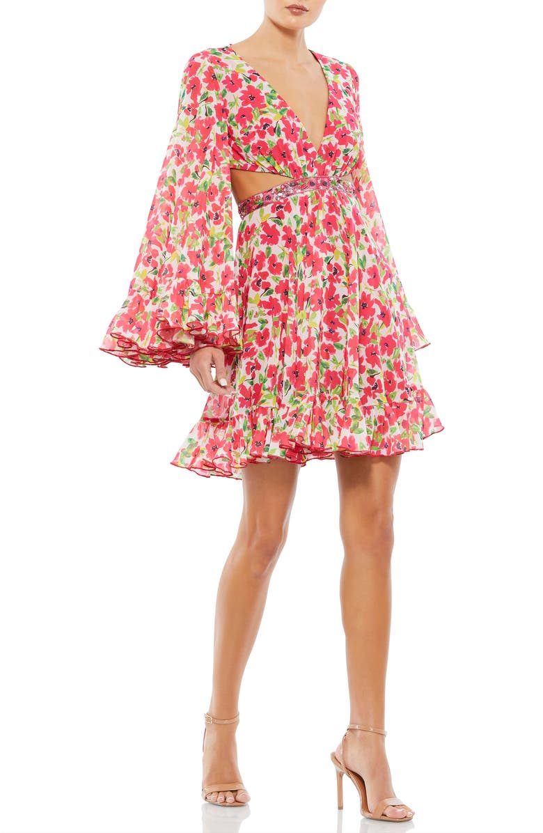 Mac Duggal Floral Cut Out V Neck Bell Sleeve Mini Dress, Main, color,