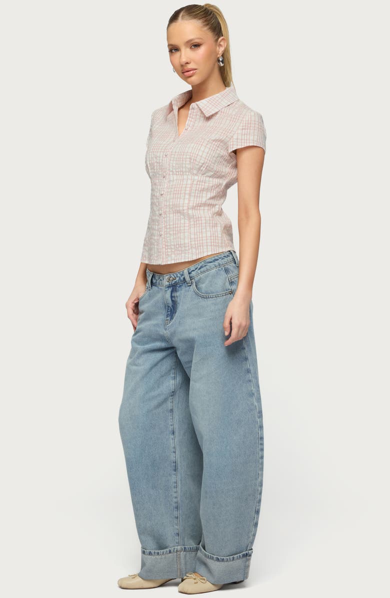 EDIKTED Naiah Plaid Short Sleeve Tailored Button-Up Shirt, Alternate, color, Pink-And-White