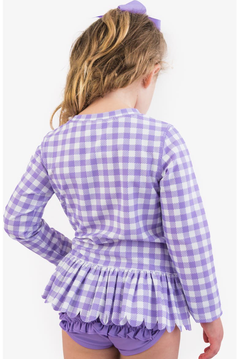 Kids' Wisteria Gingham Long Sleeve Peplum UPF 50+ Two-Piece Rashguard Swimsuit, Alternate, color, PURPLE