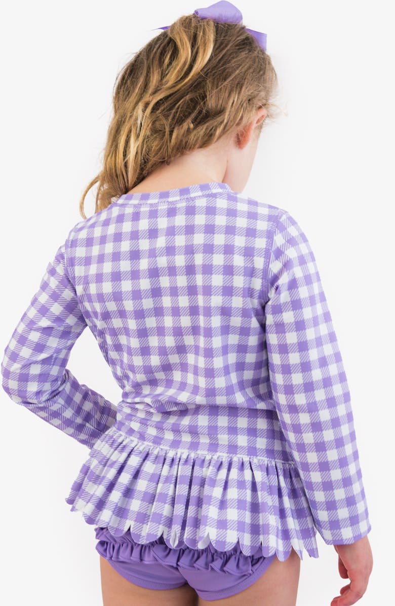 RuffleButts Kids' Wisteria Gingham Long Sleeve Peplum UPF 50+ Two-Piece Rashguard Swimsuit, Alternate, color, Purple