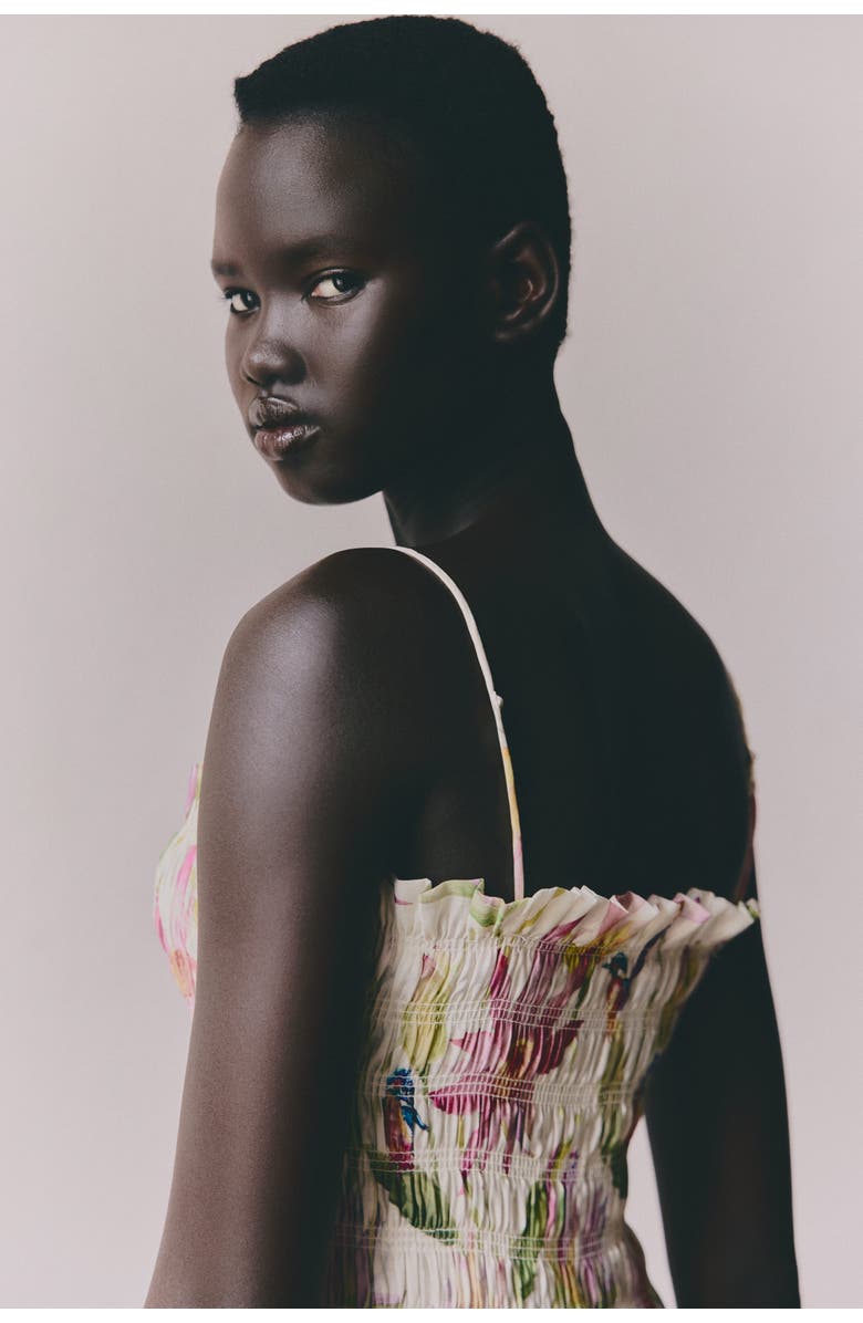 H&M Smocked-bodice Strappy Dress, Alternate, color, Cream/Floral