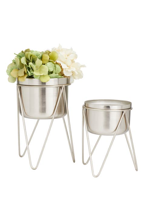 Silvertone Metal Modern Planter with Removable Stand - Set of 2