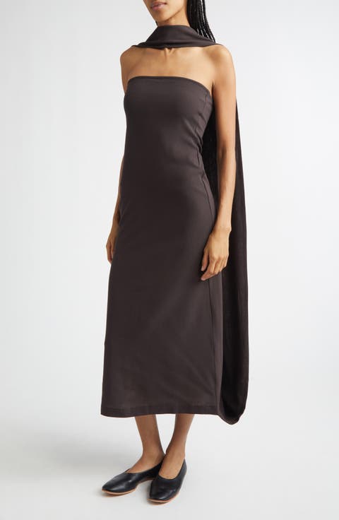 Alberch Strapless Wool Blend Dress with Attached Scarf