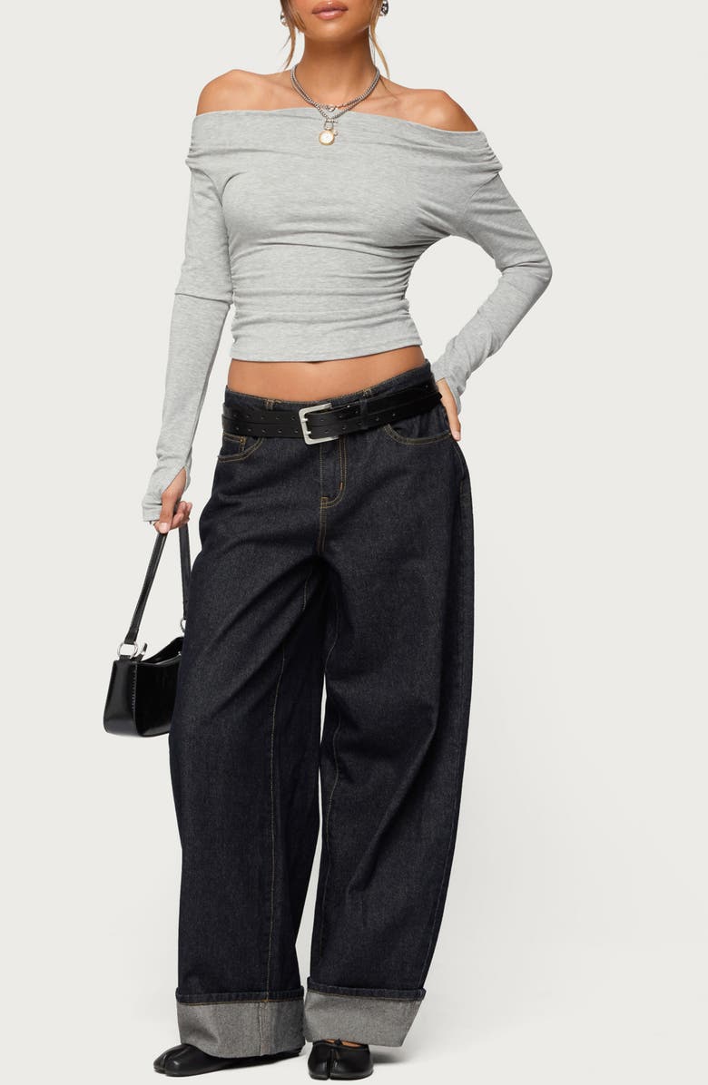 EDIKTED Milane Ruched Off the Shoulder Crop Top, Alternate, color, Gray-Melange