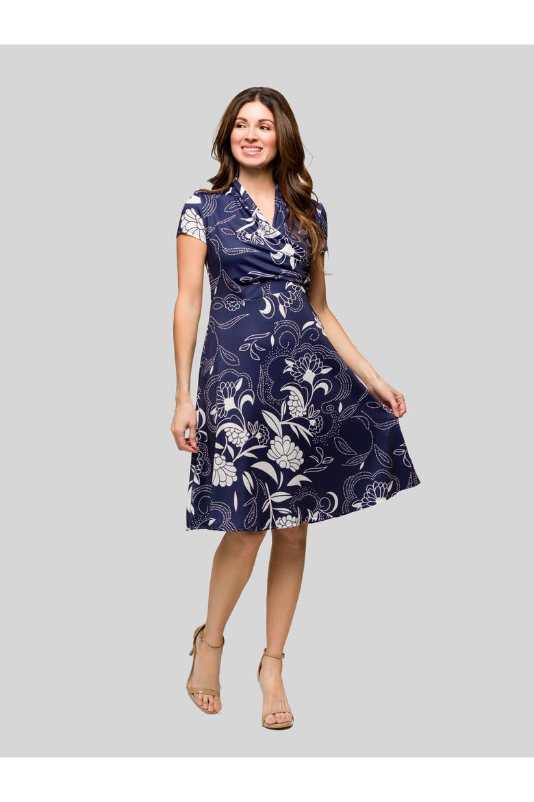 Navy Print Short Sleeve Knee Length V-Neck Wrap Dress, Main, color, Navy Multi